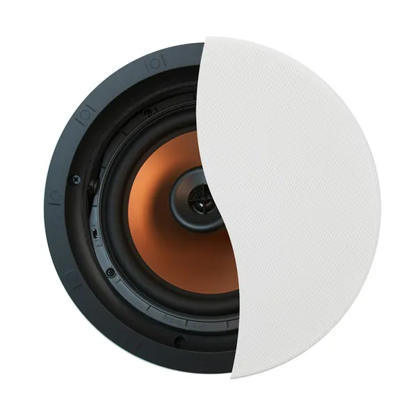 Klipsch in-ceiling speaker with half grille removed