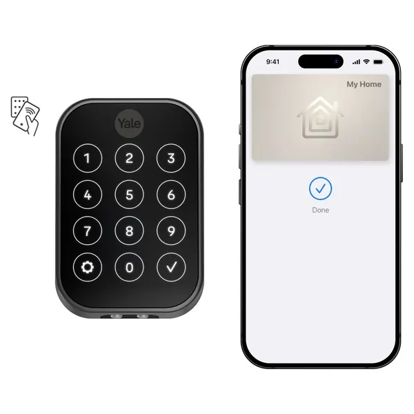 Yale Assure Lock 2 Plus keypad smart lock next to a phone