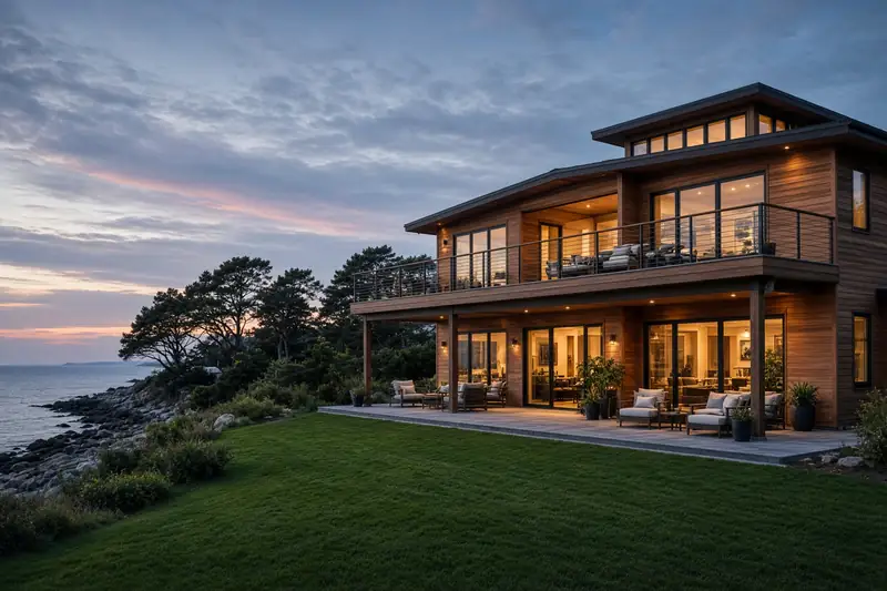 A larger cedar shore house at dusk