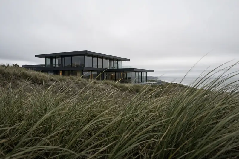 A glass house behind dune grass