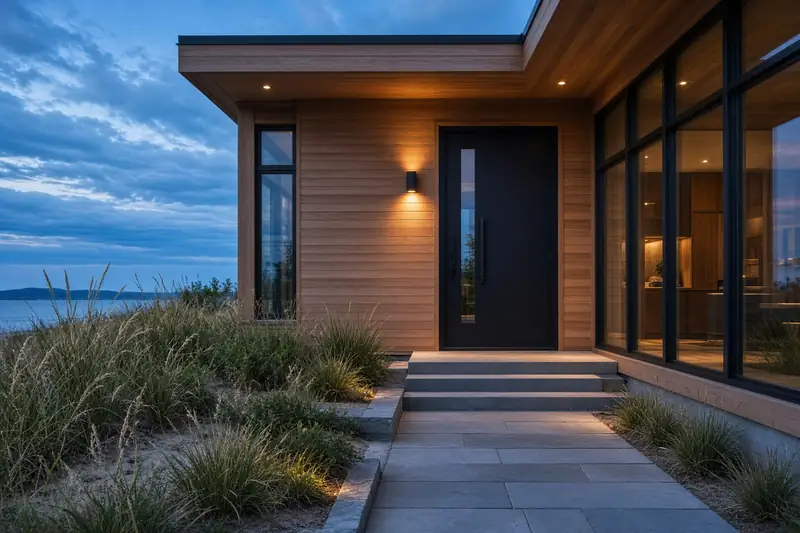 The front door of a shore house at blue hour