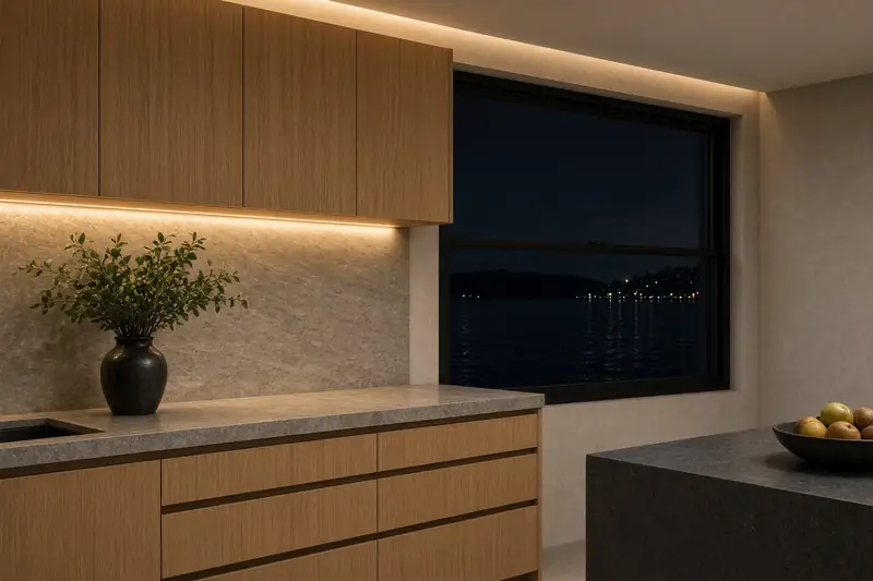 A kitchen at night with concealed cove lighting