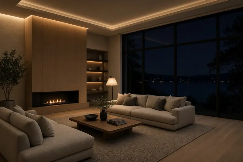 A living room at night with layered architectural lighting