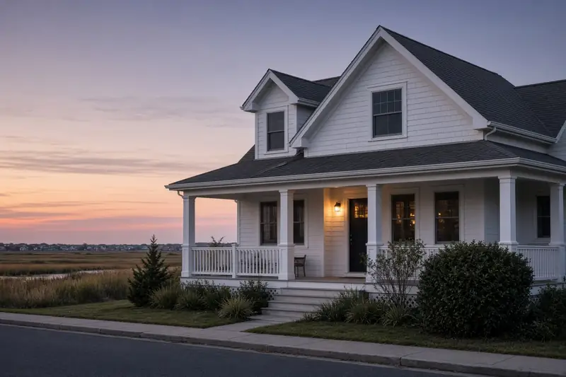 A bay house at dusk with a warm porch light