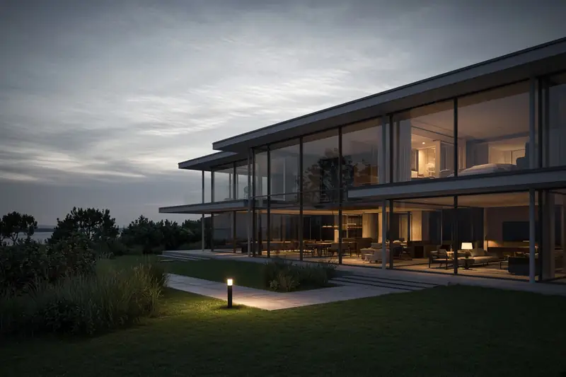 A glass shore house at night, seen from the lawn