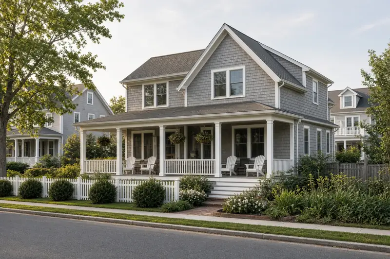 A shingle shore house with a wide porch