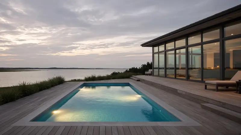 A private pool beside a glass shore house