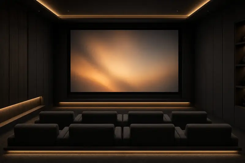 A private home theater with low seating and concealed lighting