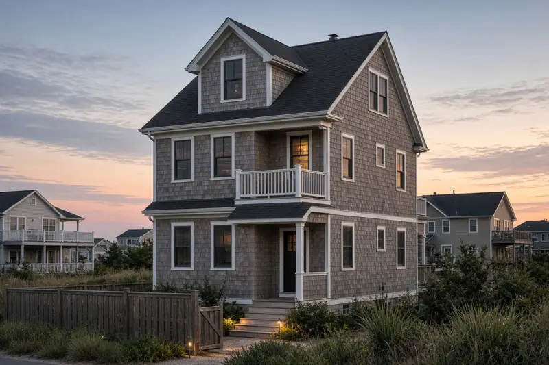 A cedar shore house in the evening